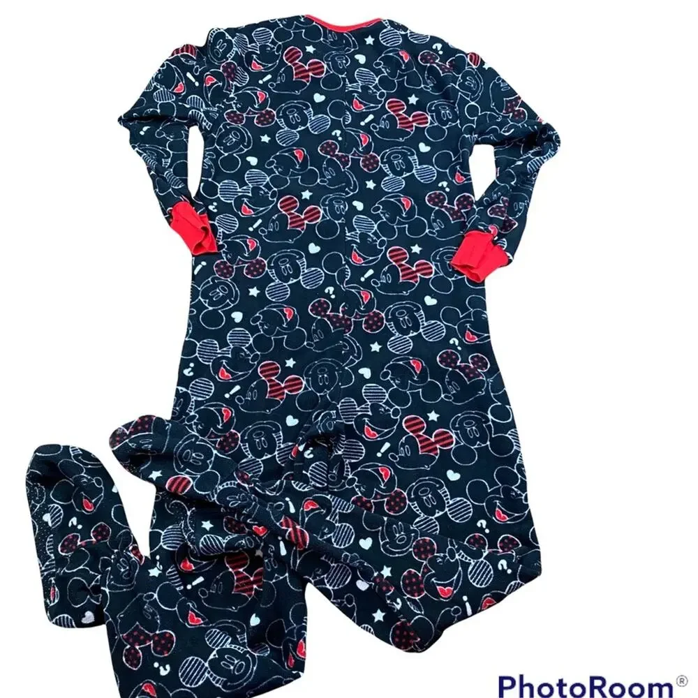 Disney Mickey Mouse Footed Pajamas Sz M Black Red - Picture 2 of 6